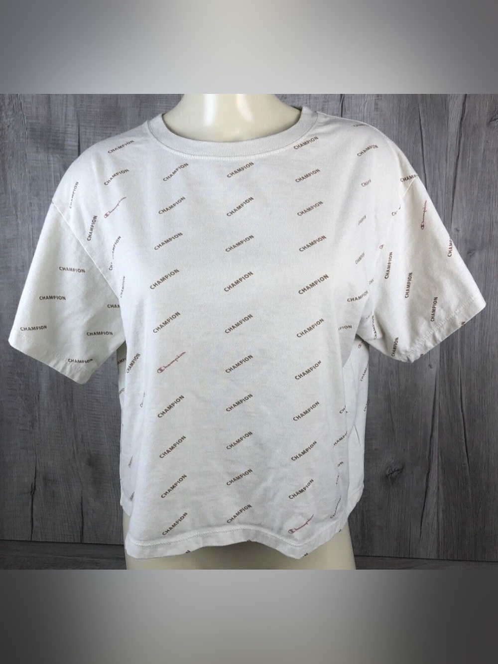 Champion Crop Womens Cream Top Shirt All Over Print Athletic Wear Size XXL
